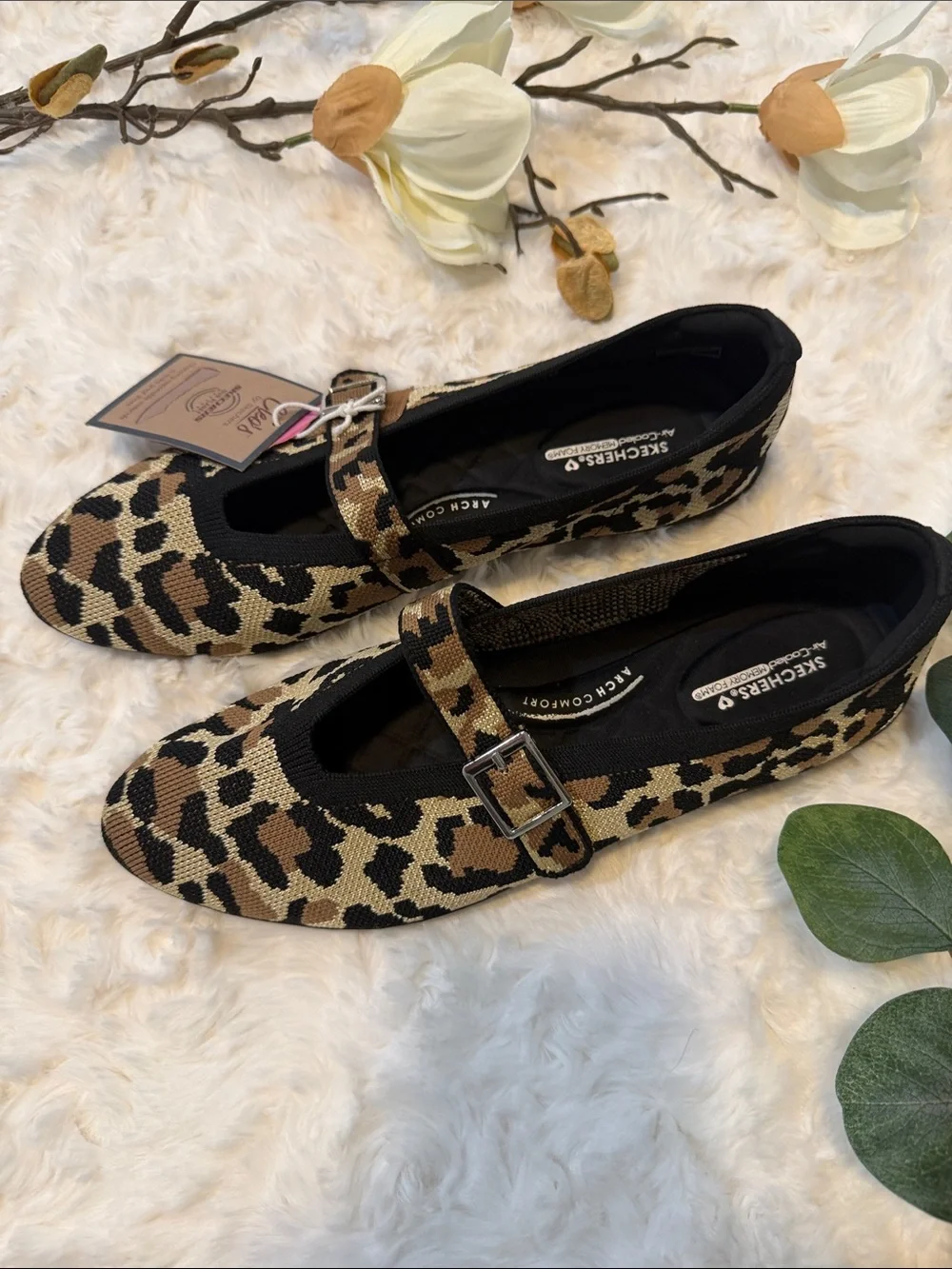 Skechers Cleo’s  Women's Leopard Print Mary Jane Flats - Black & Brown SZ 9.5